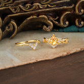 Luxury Vintage 5-Prong Kite-Cut Citrine Engagement Ring Set